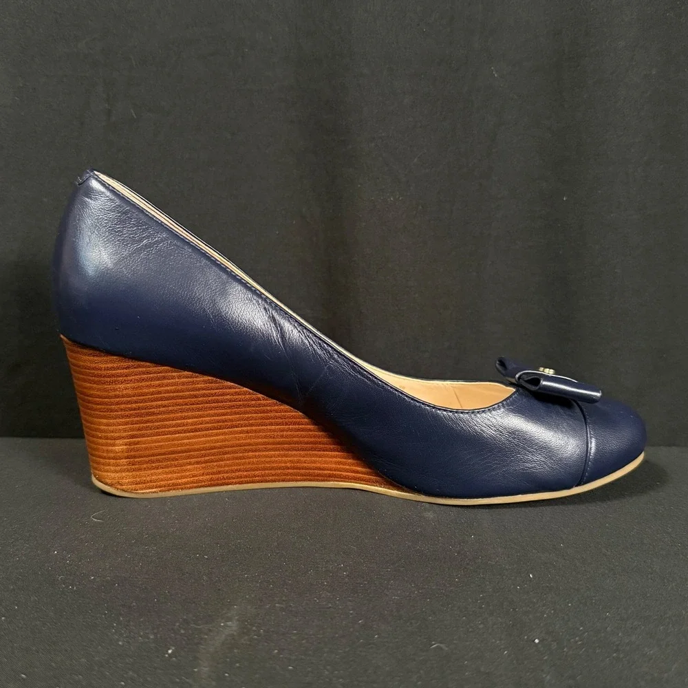 Cole Haan Adair Navy Blue Leather Bow Wedge Pumps Shoes Grand.OS W13162 Women 9B